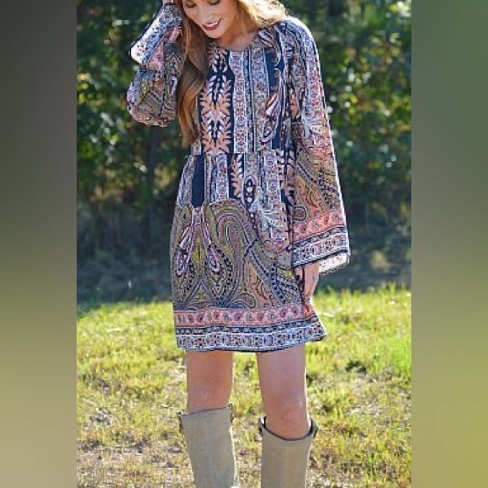 Sage open-back Boho Festival Long-sleeve Dress Paisley A-line Sheath Mini M - Picture 2 of 11